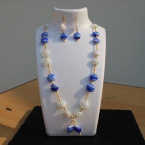 Blue and white colored stone beaded long necklace