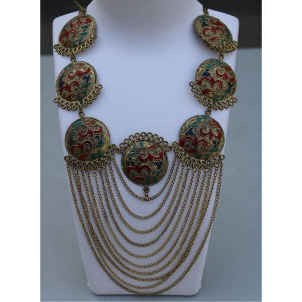 Golden statement designer Alloy necklace with maang tika and earrings