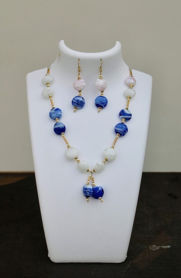 Blue and white colored stone beaded long necklace