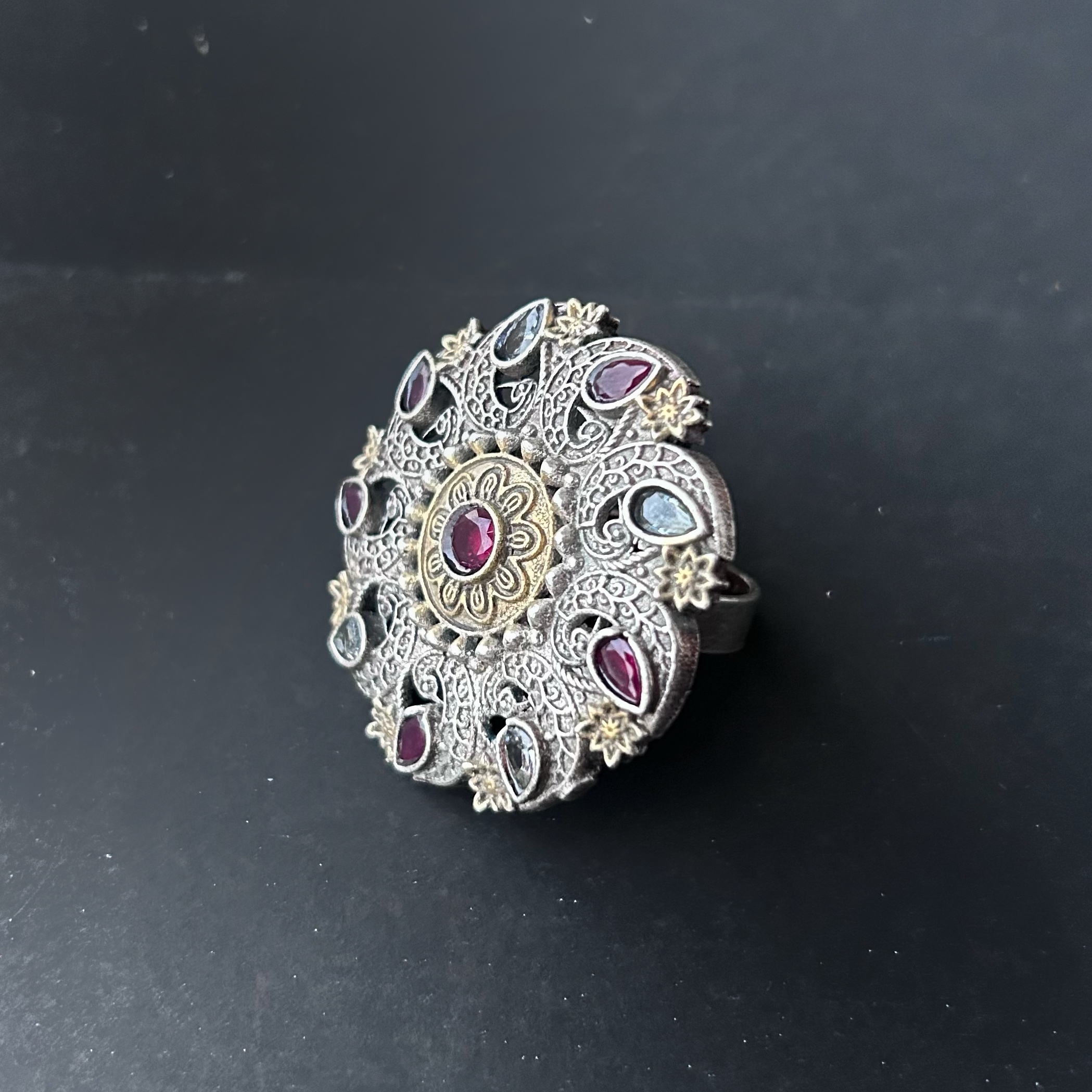 Shivay Creative Arts German Silver-Plated Oxidized AD Stone Big Size  Adjustable Ring (SCA279A350)Shivay Creative Arts GS Plated Oxidized Big Ring  - Sunder Narri