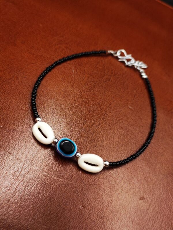 Evil Eye anklets with black beads and shells