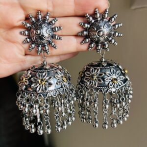 Mirror oxidized lightweight big jhumka earring under 200