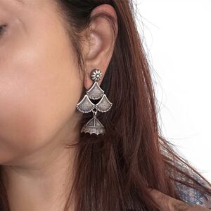 Oxidised Jhumka Earrings for Girls with intricate detailing and a traditional oxidised silver finish, perfect for festive or casual wear.