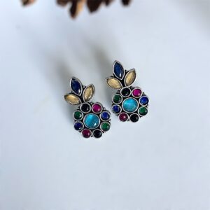 Multicolor Stone Studded Flower Oxidised Studs with intricate floral design and vibrant stones.