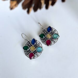 Multicolor Oxidised Hooks Studs featuring a vibrant stone design in oxidised silver, perfect for ethnic and casual wear.