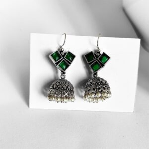 Stone Studded Silver Jhumki Earrings with intricate detailing and stone embellishments for a traditional and elegant look.