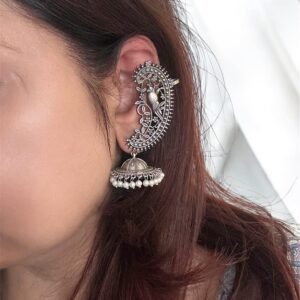 Classic Paisley Oxidised Silver Ear Cuff Jhumkis featuring intricate paisley detailing and dreamy jhumkas.