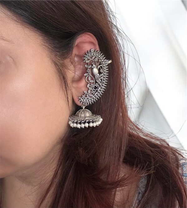 Classic Paisley Oxidised Silver Ear Cuff Jhumkis featuring intricate paisley detailing and dreamy jhumkas.