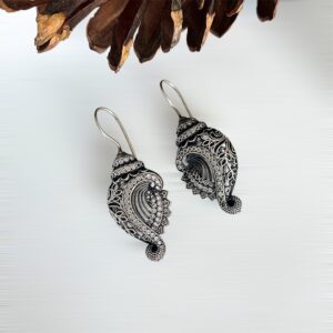 Beautiful Antique Look Shankh Shaped Earrings crafted in German Silver with intricate detailing and an antique finish.