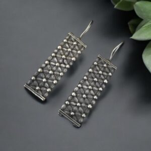 Elegant Oxidised Mesh Drop Earrings in German Silver with intricate mesh detailing and a vintage oxidised silver finish, perfect for any occasion.