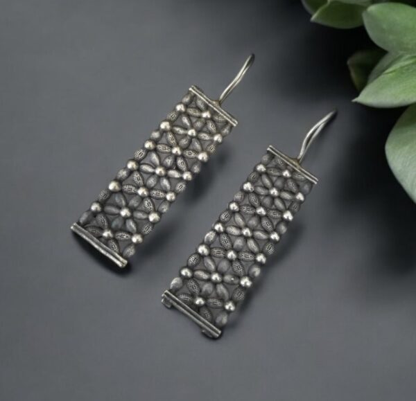 Elegant Oxidised Mesh Drop Earrings in German Silver with intricate mesh detailing and a vintage oxidised silver finish, perfect for any occasion.