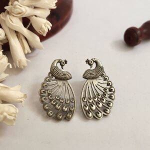 Peacock Shape Earrings made from German Silver with antique oxidised silver plating, perfect for ethnic and festive wear.