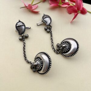 Oxidised crescent ear cuffs for women with chain design – ethnic jewellery