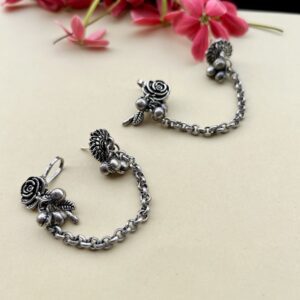 Oxidised Rose Chain Ear Cuffs for Women – Floral Boho Earrings with Dangling Beads
