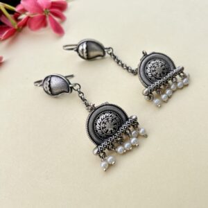 oxidised ear cuff jhumka with white beads for women traditional tribal earrings