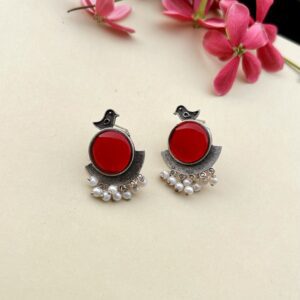 Oxidised earrings with red stone and pearl drop for women – ethnic jewelry