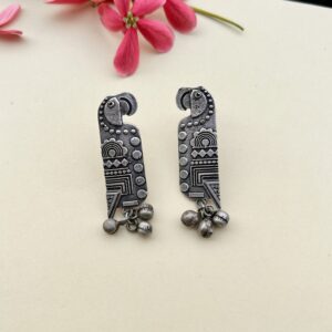 Pair of oxidised tribal dangler earrings with engraved design and hanging beads