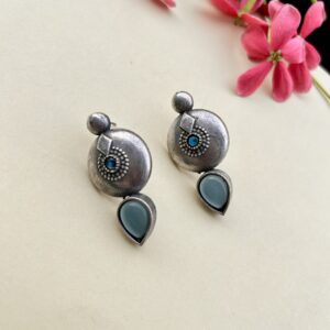 Oxidised silver earrings with round stud and turquoise teardrop blue stone, ethnic boho jewelry for women