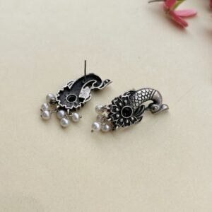 Oxidised silver peacock stud earrings for women, budget ethnic jewelry under ₹100