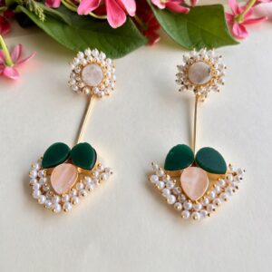 Elegant Mother-of-Pearl & Green Stone Dangler Earrings with Pearls