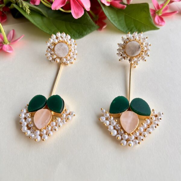 Elegant Mother-of-Pearl & Green Stone Dangler Earrings with Pearls