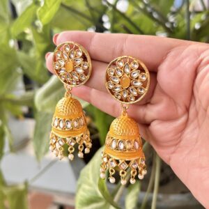 Royal Kundan Jhumka Earrings – Mustard Yellow & Gold Traditional Design