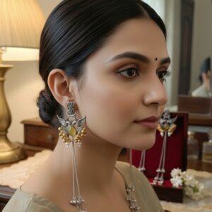 Oxidised Peacock Design Long Earrings