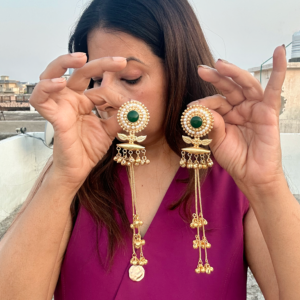 Long Jhumka Earrings with Ghungroo Drops | Pearl & Green Stone