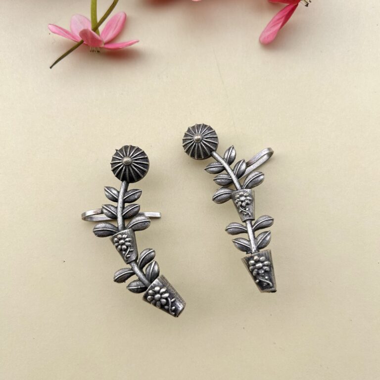 Oxidised Ear Cuffs featuring a floral and leaf-inspired antique silver design for women, stylish no-piercing ethnic ear accessories for casual and festive wear.