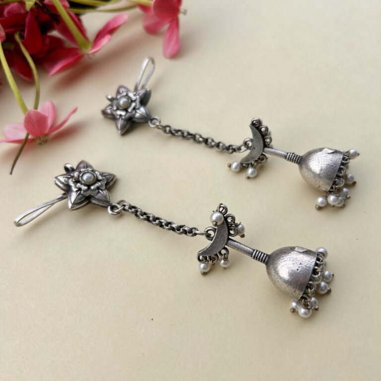 Oxidised Jhumki Ear Cuffs with Chain and White Beads for women, featuring an antique silver finish, floral detailing, and traditional ethnic design for festive and Indo-western outfits.