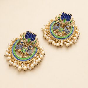Blue Meenakari Chandbali Earrings with Pearl Drops | Gold Lotus Peacock Enamel Ethnic Earrings