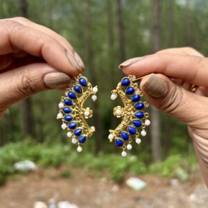 Gold Blue Stone Ear Cuff Wrap No Piercing Indian | Royal Kaffa Ear Wrap with Pearl Drops for Women