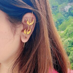 Gold Crescent Moon Ear Crawler Cuff No Piercing | Double Moon Celestial Ear Climber Earring for Women