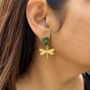 Gold Dragonfly Drop Earrings with Green Stone | Nature Inspired Statement Dangle Earrings for Women