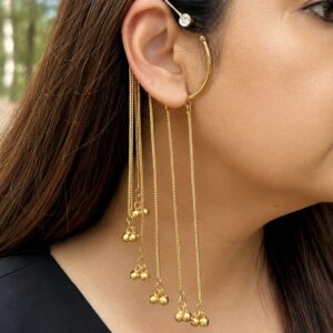 Gold Ear Cuff with Ghungroo Chain Drops No Piercing | Bahubali Style Statement Ear Wrap for Women