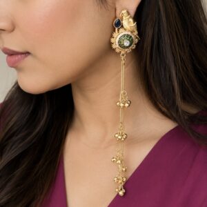 Gold Parrot Meenakari Kundan Earrings with Ghungroo Drops | Long Bridal Statement Earrings for Women