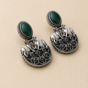 Oxidised Silver Elephant Earrings Green Stone | Tribal Earrings