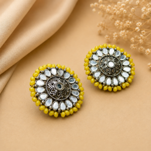 Oxidised Silver Kundan Earrings | Yellow Statement Stud Earrings