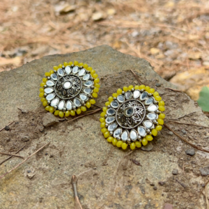 Oxidised Silver Kundan Earrings | Yellow Statement Stud Earrings