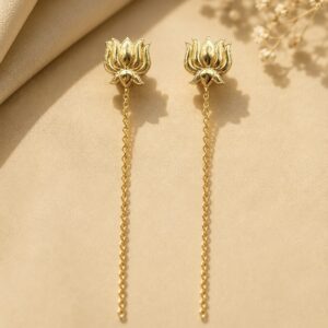 Gold Lotus Ear Cuff Chain Drop Earrings | Long Chain Threader Earrings for Women