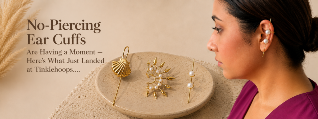 No piercing ear cuffs collection featuring seashell, pearl, and sculptural gold designs at Tinklehoops.