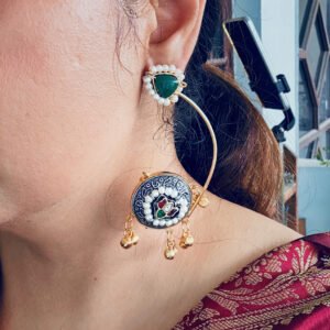 Meenakari Hoop Dangle Earring with Green Stone & Ghungroo