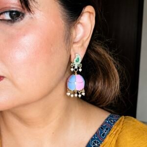 Pastel Meenakari Jhumka Earrings with Pearl Drops | Gold Enamel Jhumki in Pink Blue & Mint White
