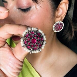 Oxidised Silver Ruby Stone Cluster Stud with Pearl Border