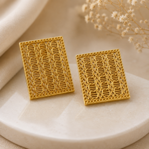 Gold Rectangular Filigree Stud Earrings | Geometric Statement Stud Earrings for Women