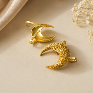 Gold Crescent Moon Bugadi Ear Cuff No Piercing | Floral Engraved Indian Ear Cuff for Women
