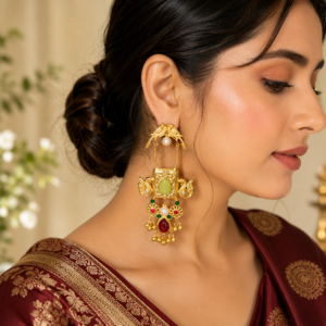 Gold Temple Jewellery Bird Motif Long Chandelier Earrings | Bridal Statement Earrings with Multistone & Ghungroo