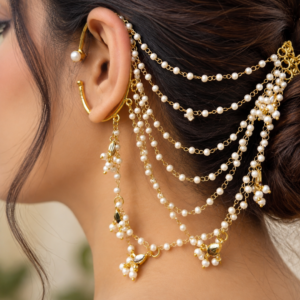 Gold Pearl Kaan Chain Ear to Hair Jewellery Bridal | Saharey Pearl Ear Cuff Hair Chain for Women
