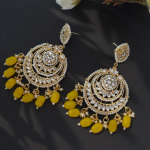 Kundan Chandbali Earrings Maang Tikka Set with Yellow Beads | Gold Pearl Bridal Jewellery Set for Women