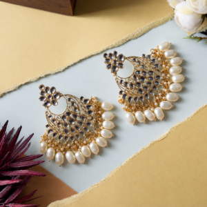 Kundan Chandbali Earrings with Pearl Drops Bridal | Large Gold Statement Chandbali for Women